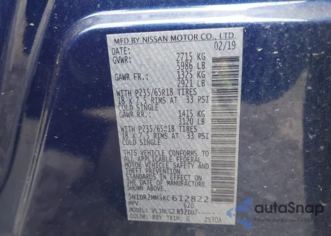 2019 Nissan Pathfinder Sl z USA, uszkodzony, nr VIN 5N1DR2MM3KC612822